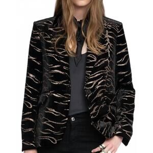 NEW ZADIG & VOLTAIRE vavy sequin velvet tiger stripe blazer in black